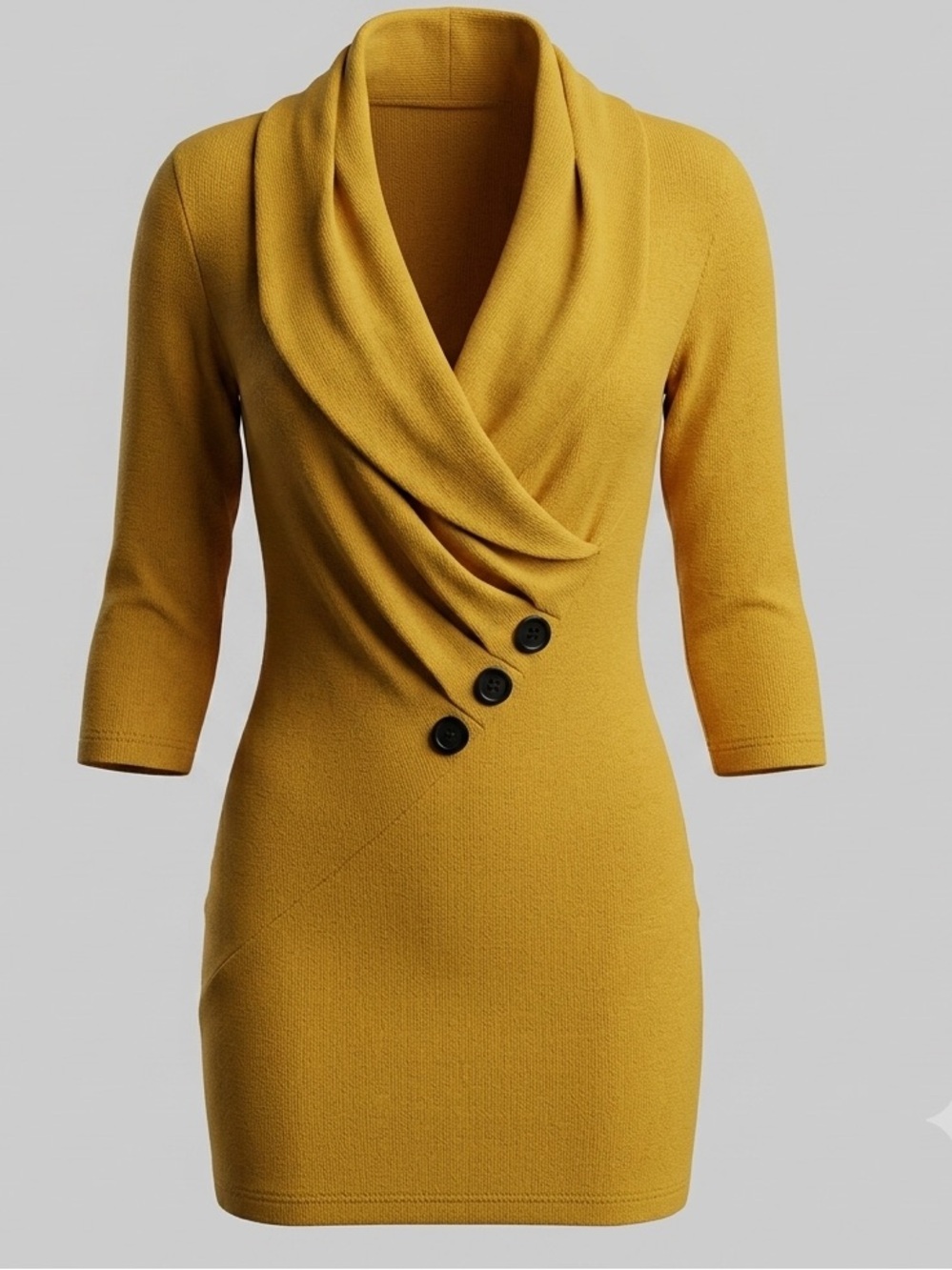 Le Château Mustard Yellow Knit Asymmetrical Button Mini Sweater Dress | Size S/M
